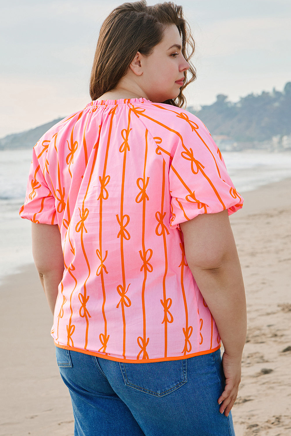 Sydney Plus Size Bowknot V Neck Blouse - Threaded Pear