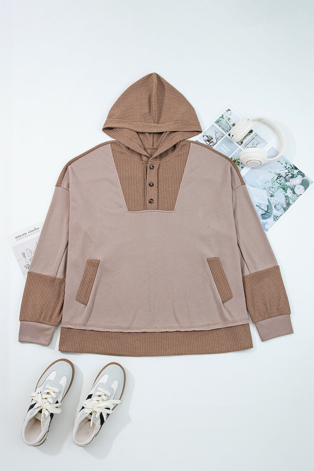 Goat Waffle Contrast Patchwork Plus Size Pocketed Hoodie by Threaded Pear