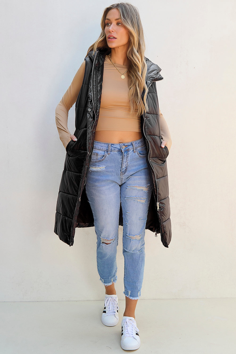 Black Hooded Long Quilted Vest PLUS Coat by Threaded Pear