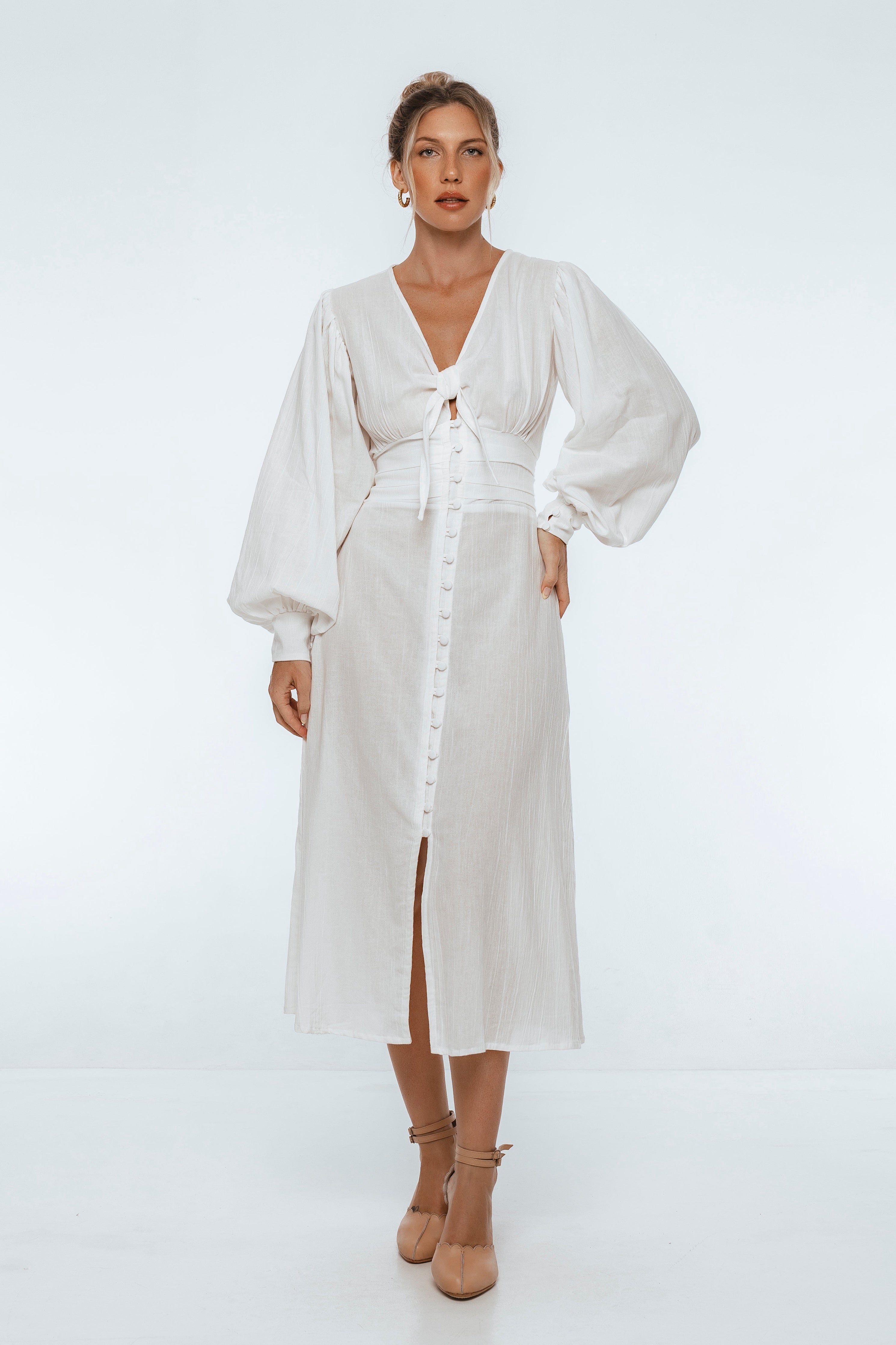 Velvet Sky Long Sleeve Linen Midi Dress