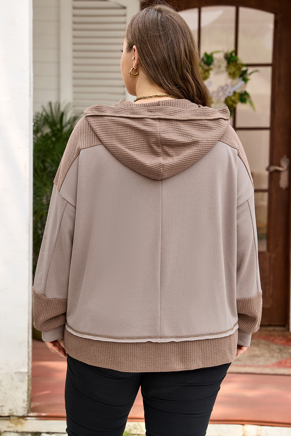 Goat Waffle Contrast Patchwork Plus Size Pocketed Hoodie by Threaded Pear