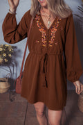 Liliana Floral Embroidered Tassel Tie Mini Dress - Threaded Pear