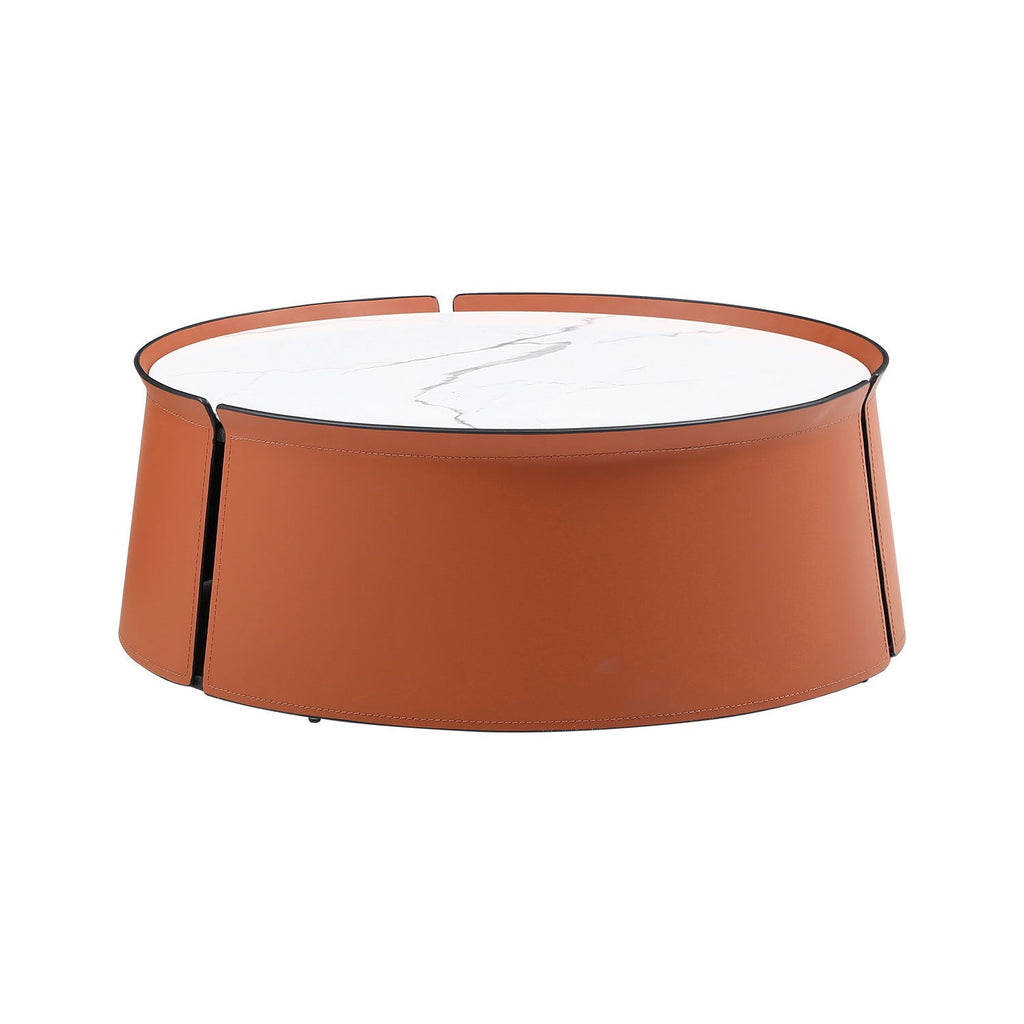 31.5" Coffee Table, Marble Top and Orange Saddle Leather Body