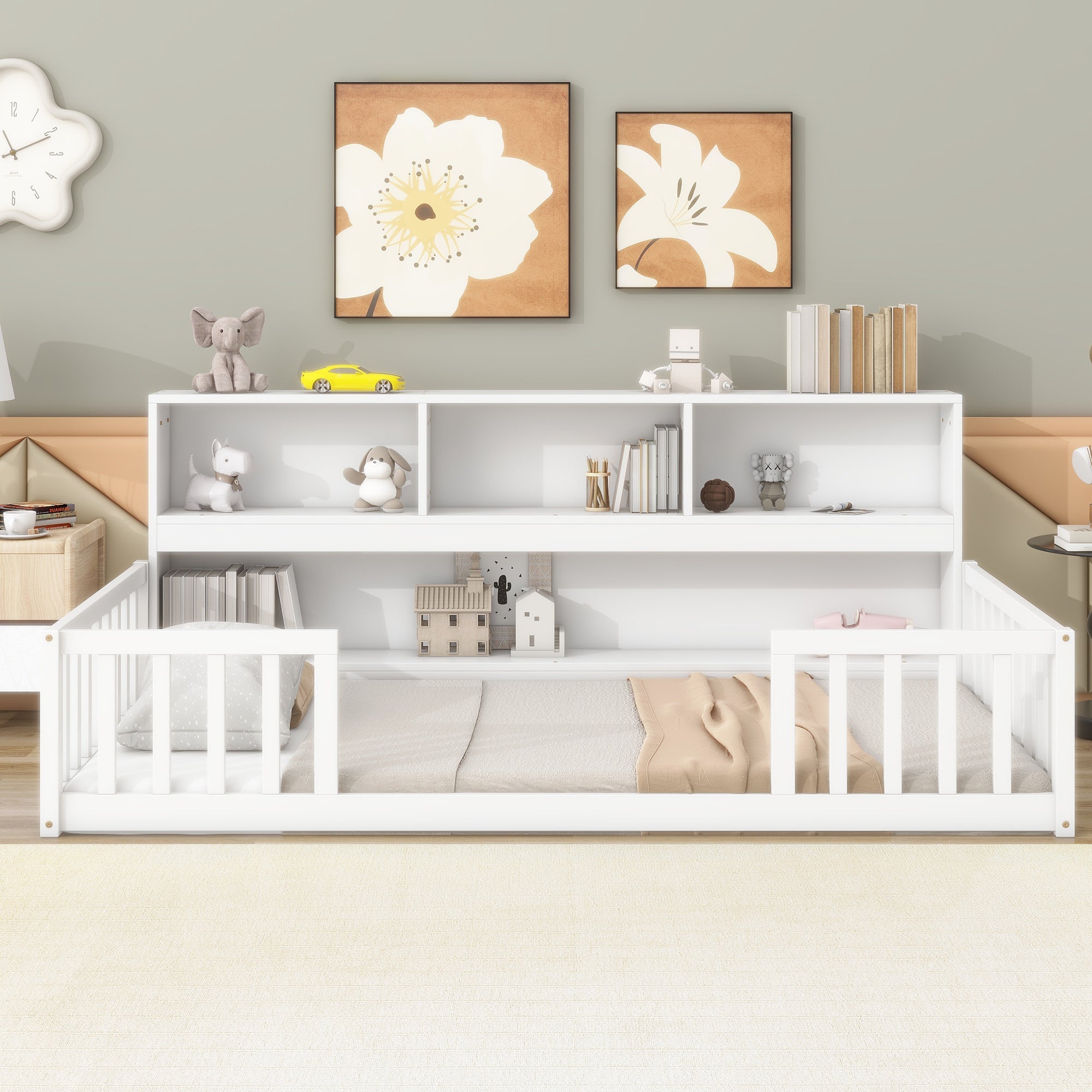 Twin Floor Bed with  Bedside Bookcase,Shelves,Guardrails,White by 39F INC.