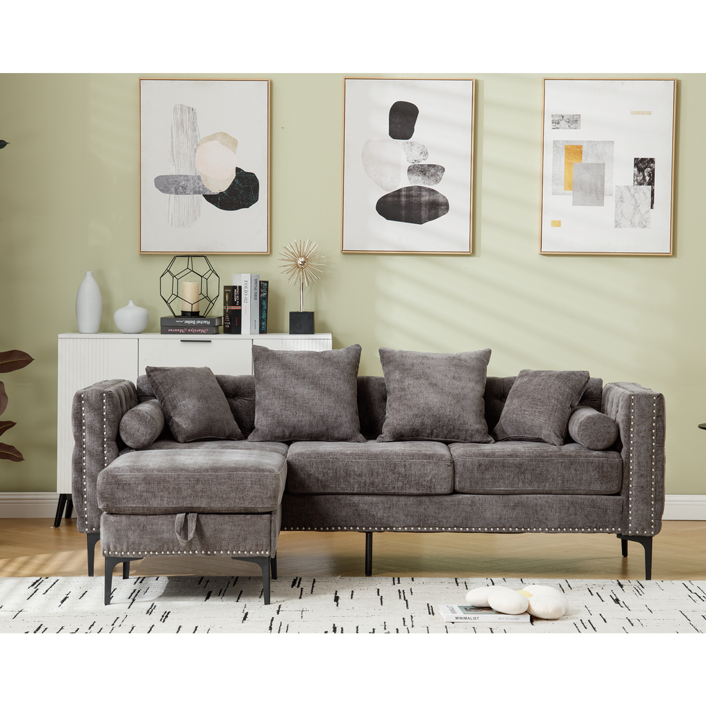 L Shaped Sectional Convertible Sofa With Storage Ottoman and Modern Tufted Style