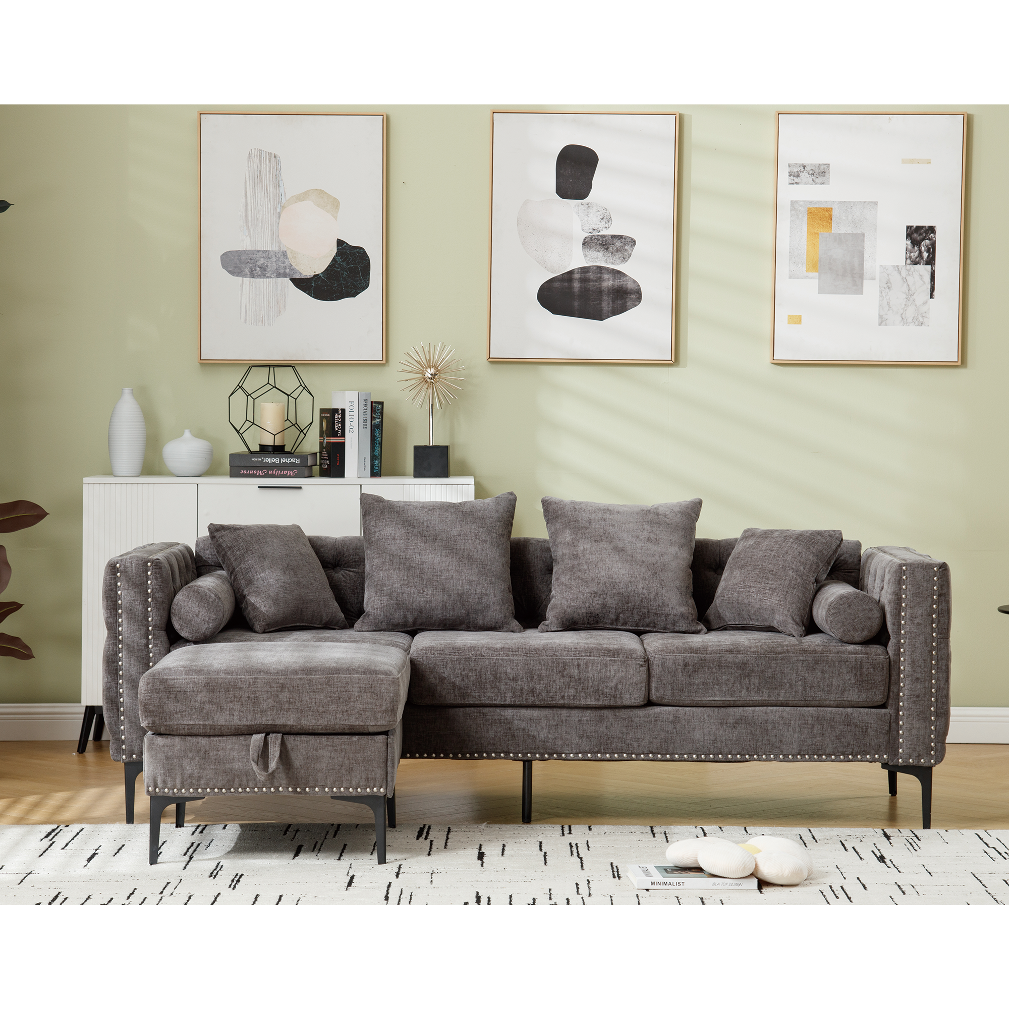 L Shaped Sectional Convertible Sofa With Storage Ottoman and Modern Tufted Style