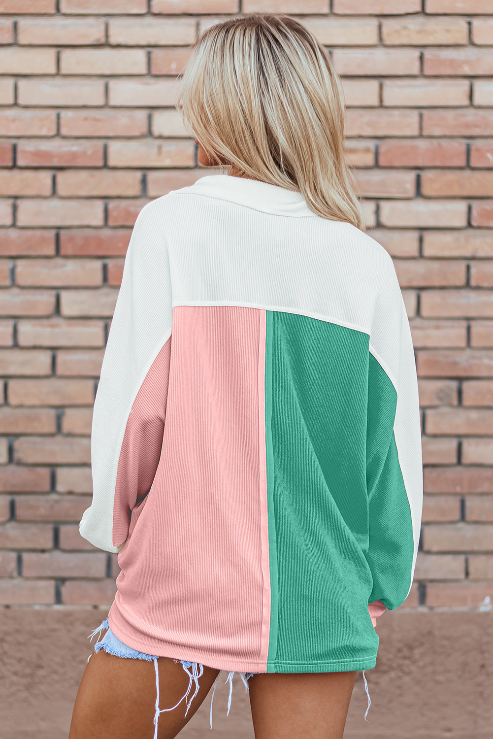 Kehlani Ribbed Collared Oversized Sweatshirt - Threaded Pear