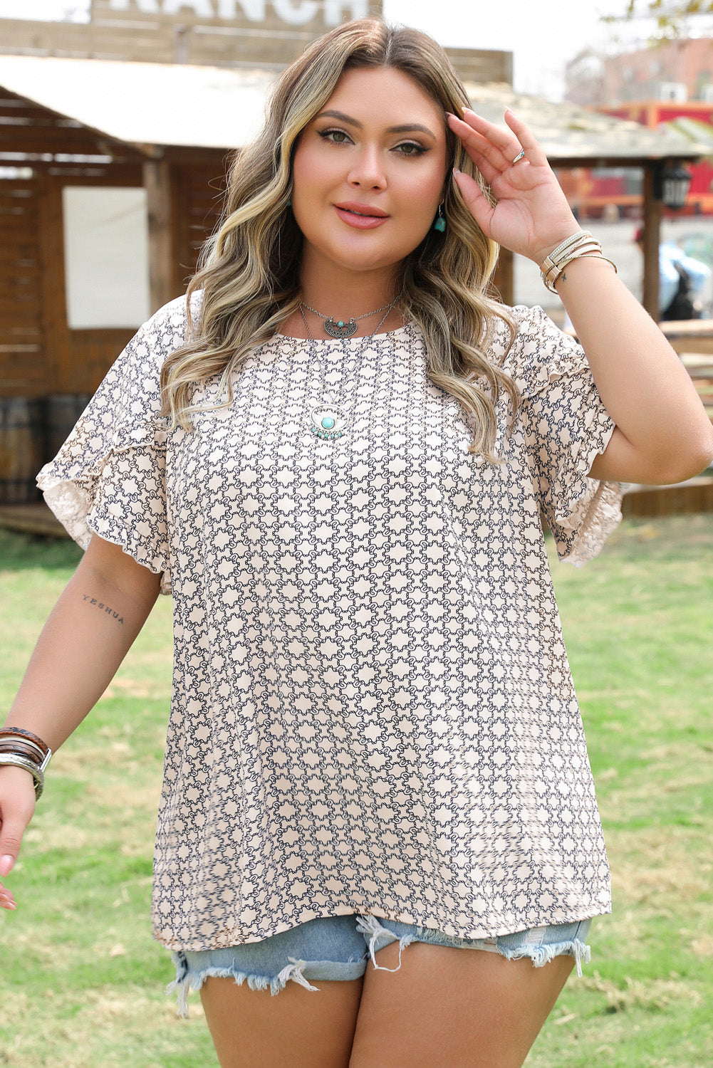 Faith Plus Size Geometric Ruffled Sleeve Blouse - Threaded Pear