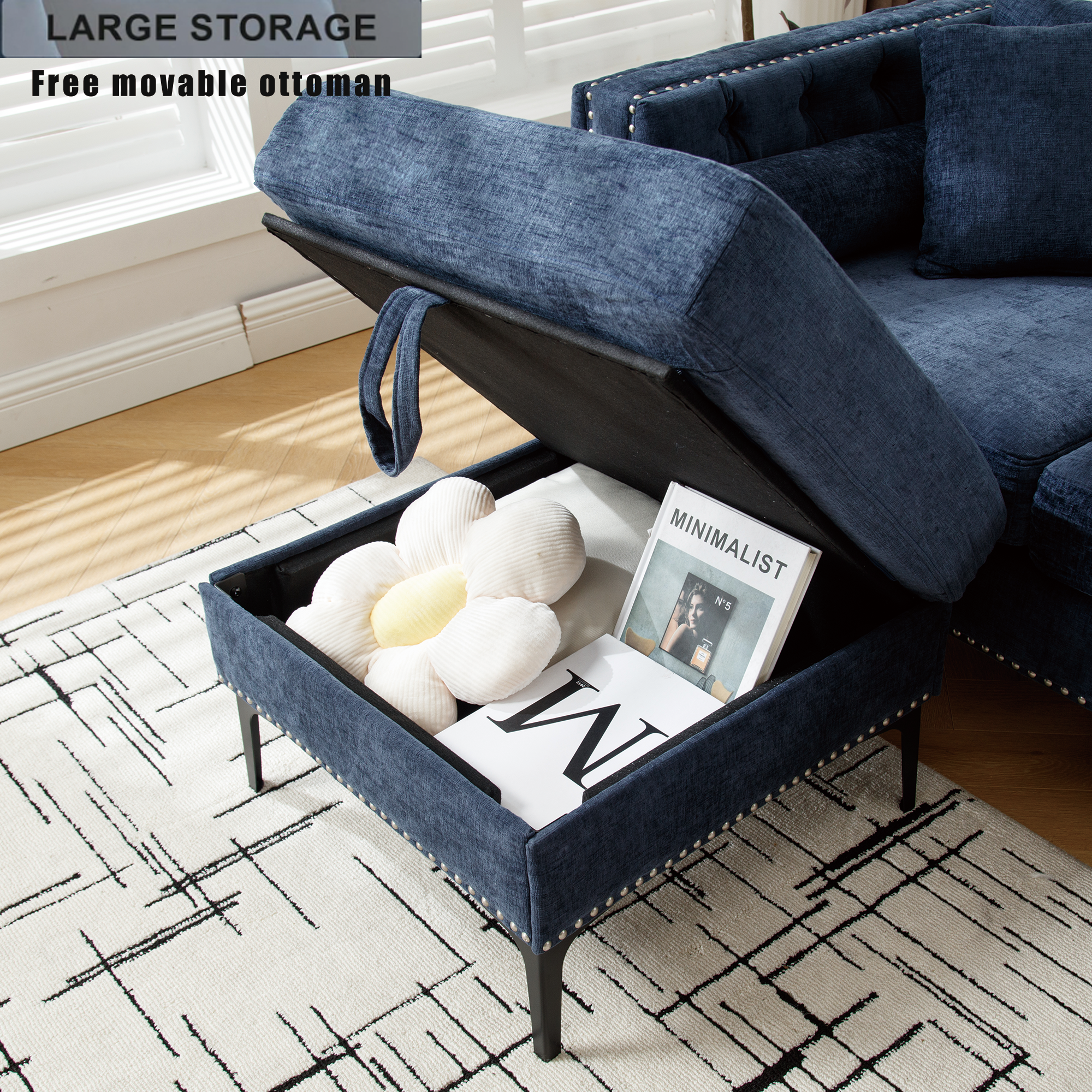 L Shaped Sectional Convertible Sofa With Storage Ottoman and Modern Tufted Style