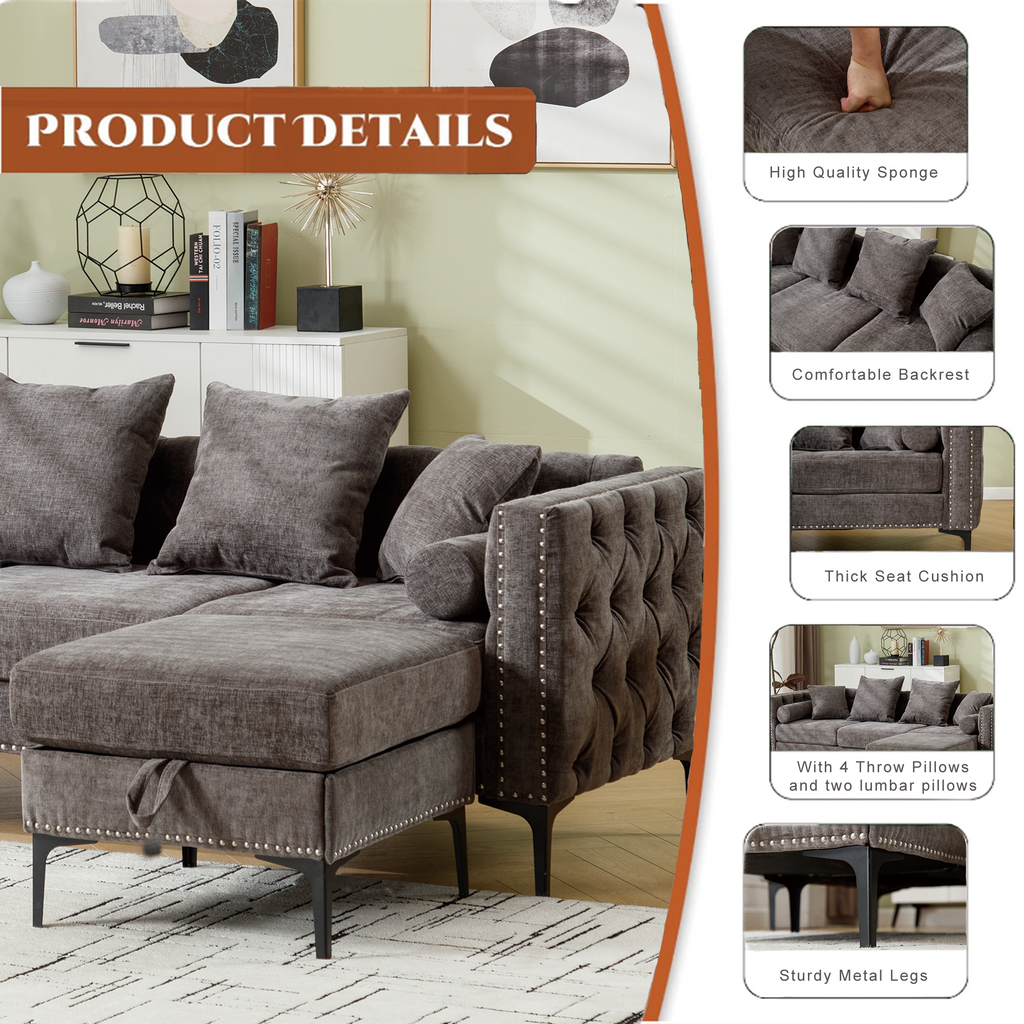 L Shaped Sectional Convertible Sofa With Storage Ottoman and Modern Tufted Style
