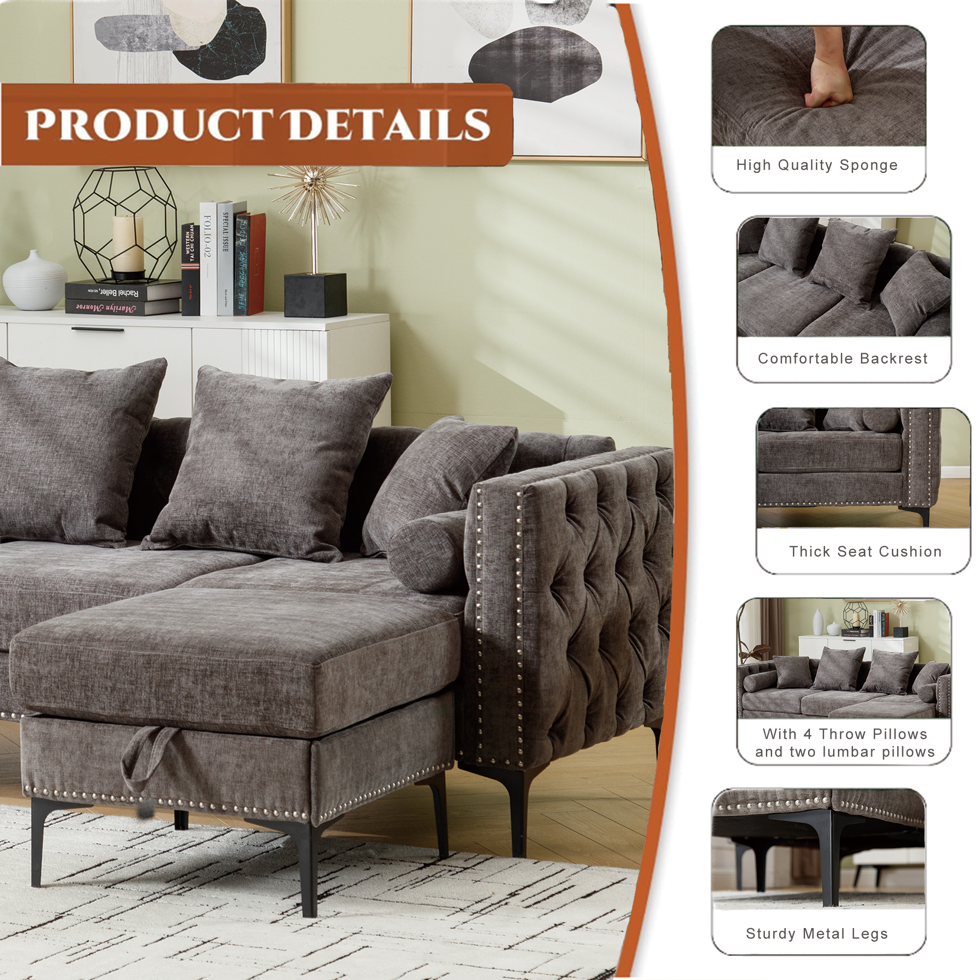 L Shaped Sectional Convertible Sofa With Storage Ottoman and Modern Tufted Style