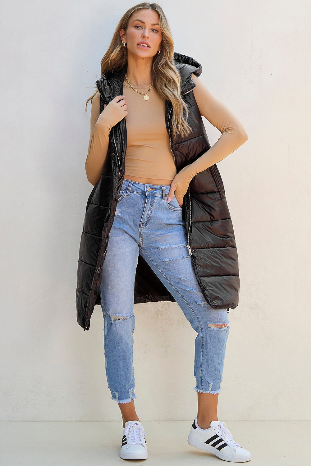 Black Hooded Long Quilted Vest PLUS Coat by Threaded Pear