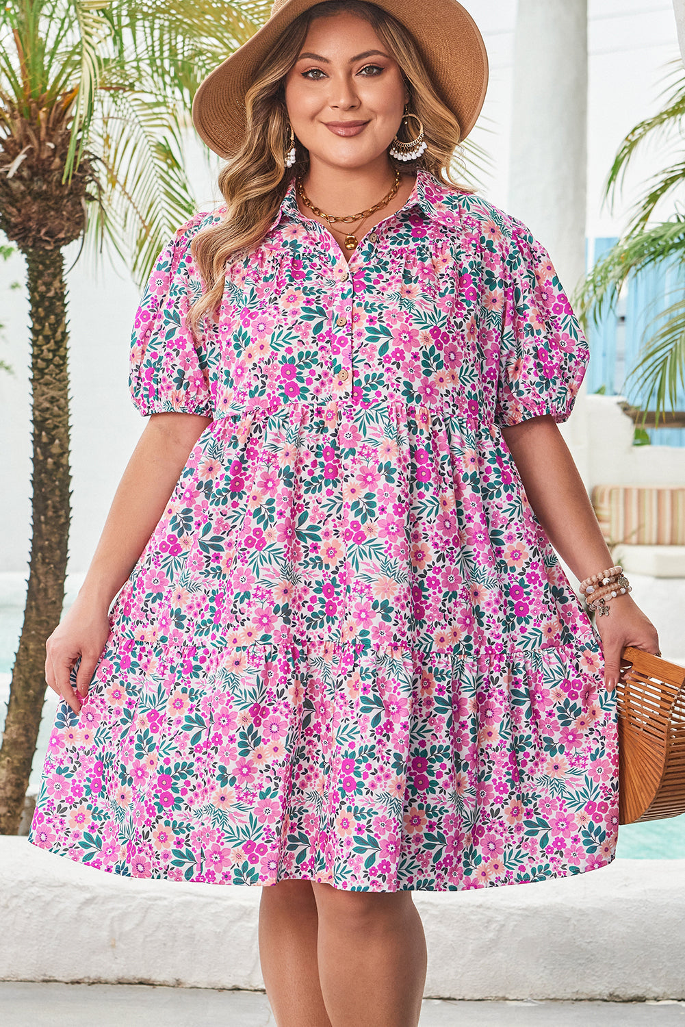 Mariana Plus Size Floral Puff Sleeve A-line Dress - Threaded Pear