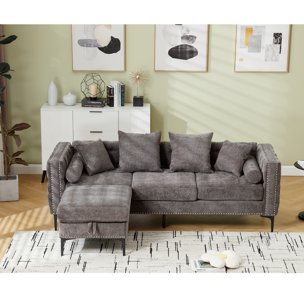 L Shaped Sectional Convertible Sofa With Storage Ottoman and Modern Tufted Style