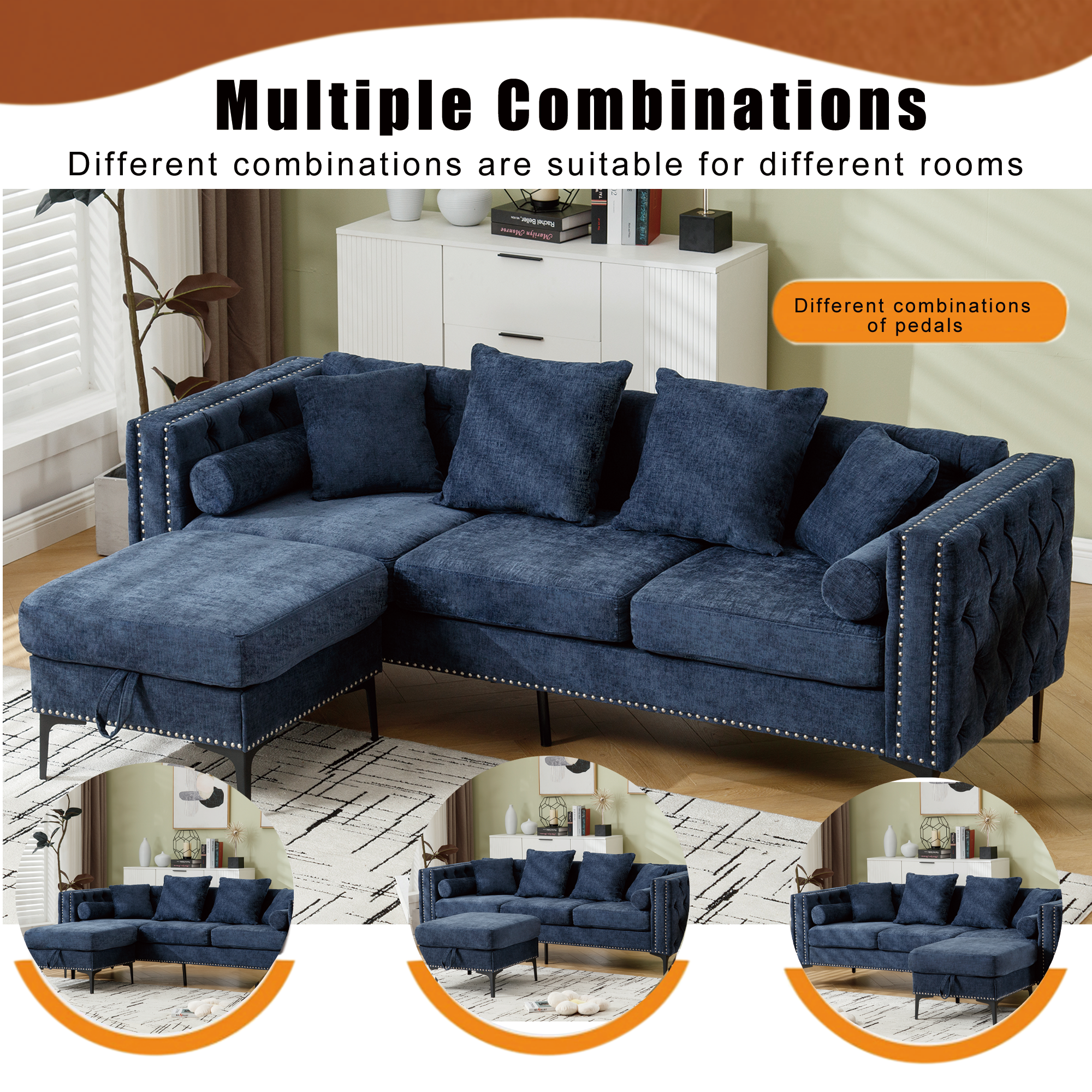 L Shaped Sectional Convertible Sofa With Storage Ottoman and Modern Tufted Style