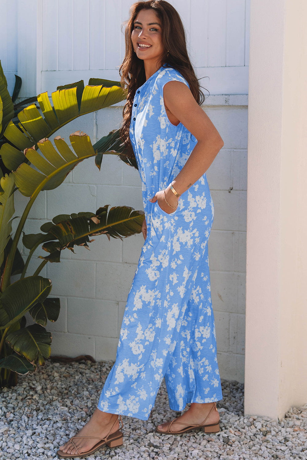 Stella Floral Half Button Wide Leg Jumpsuit - Threaded Pear
