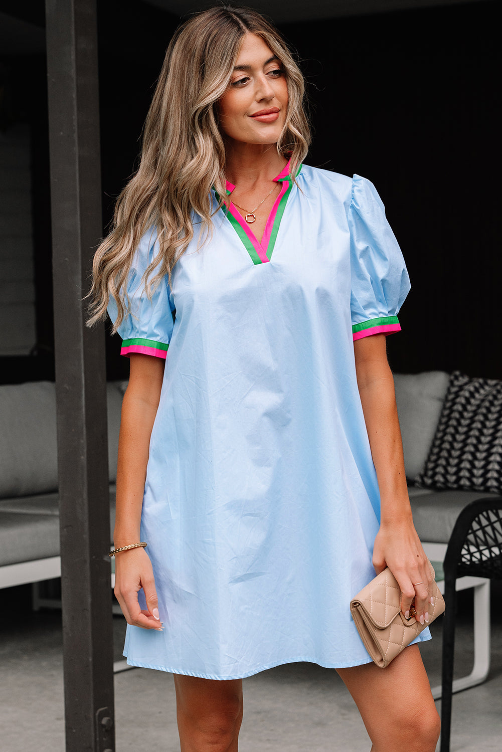 Lily Striped Notched V Neck Puff Sleeve Mini Dress - Threaded Pear