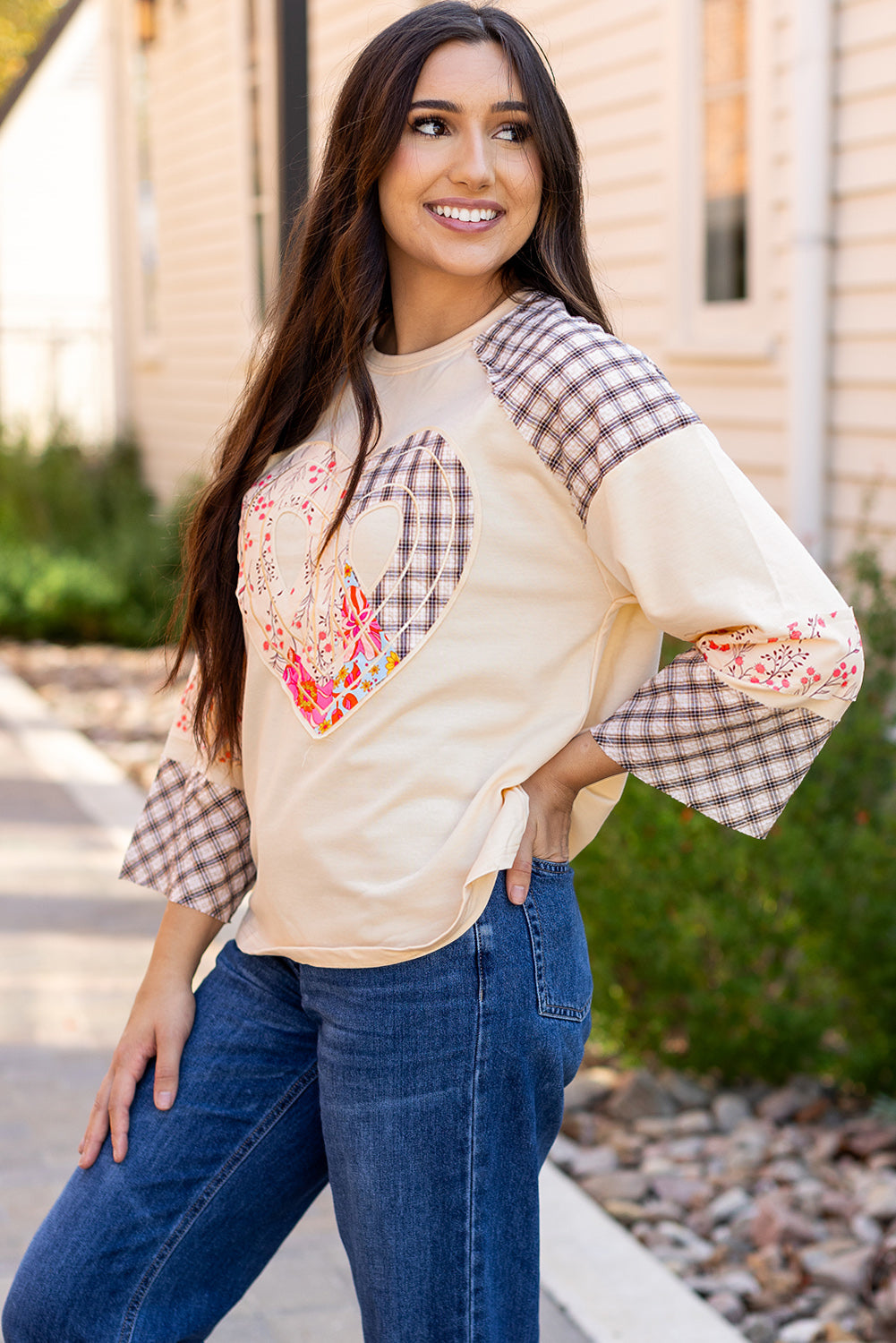 Emilia Plaid Floral Peace Heart Long Sleeve Top - Threaded Pear