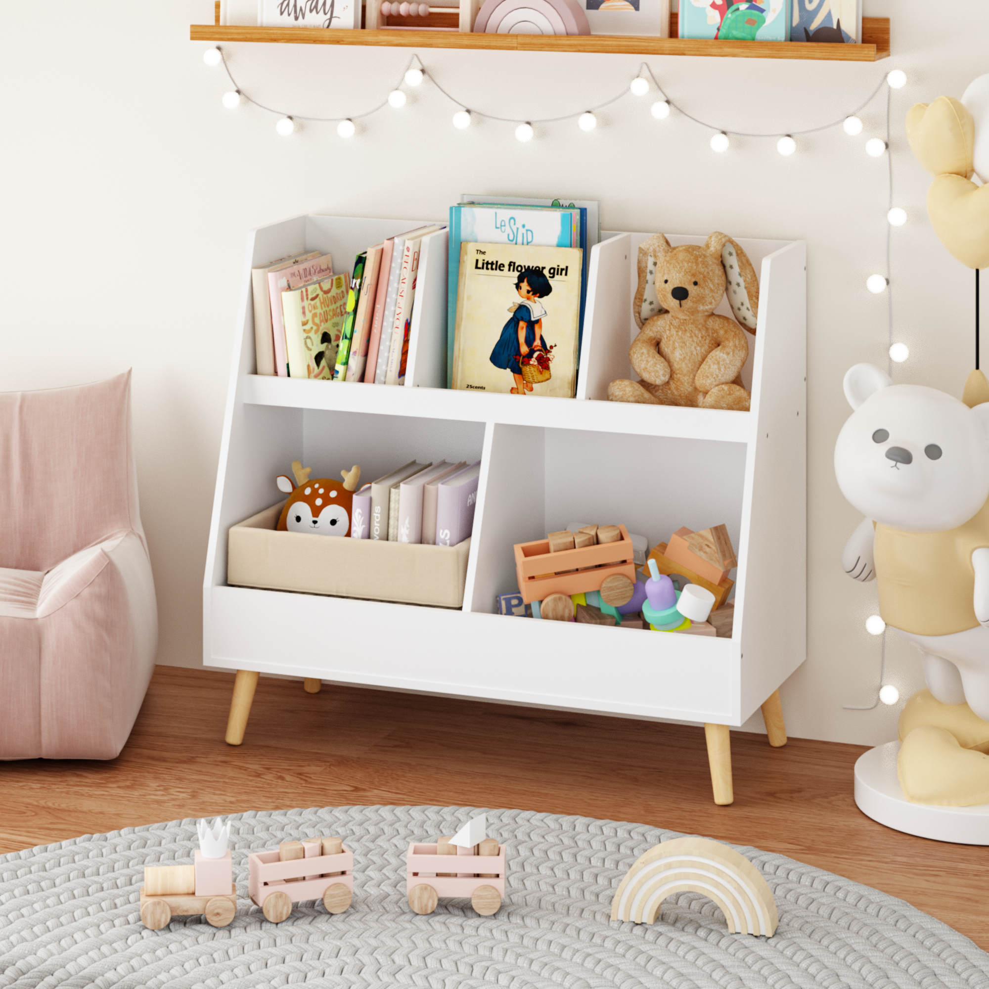 Kids Bookshelf and Toy Organizer, 5 Cubbies Wooden Open Bookcase, 2-Tier Baby Storage Display Organizer with Legs, Free Standing for Playing Room, Bedroom, Nursery, Classroom, White by 39F INC.
