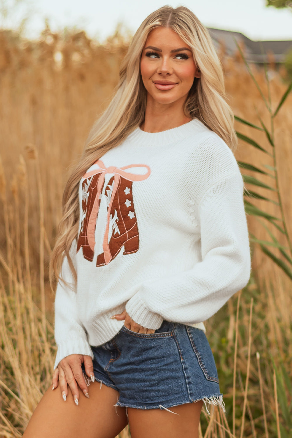Amanda Embroidered Bow Boots Sweater - Threaded Pear