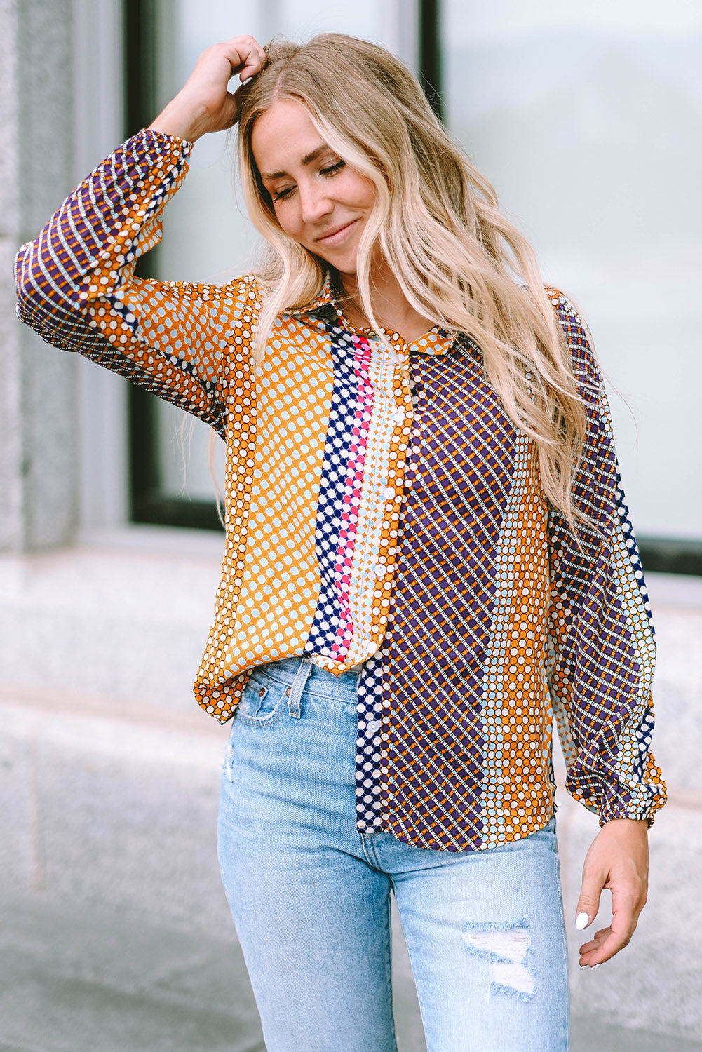 Brown Dot Print Long Sleeve Button Down Shift PLUS Shirt by Threaded Pear