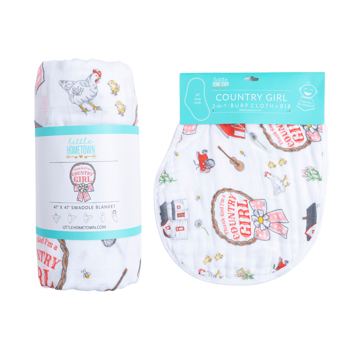 Country Girl Baby Giftset:  Baby Swaddle Blanket and Burp/Bib Combo