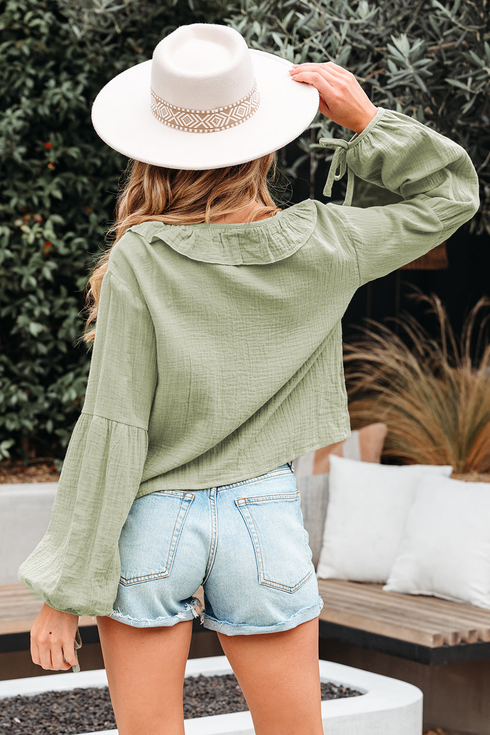 Natalia Bow Tie Front Ruffle Trim Long Sleeve Gauze Blouse - Threaded Pear