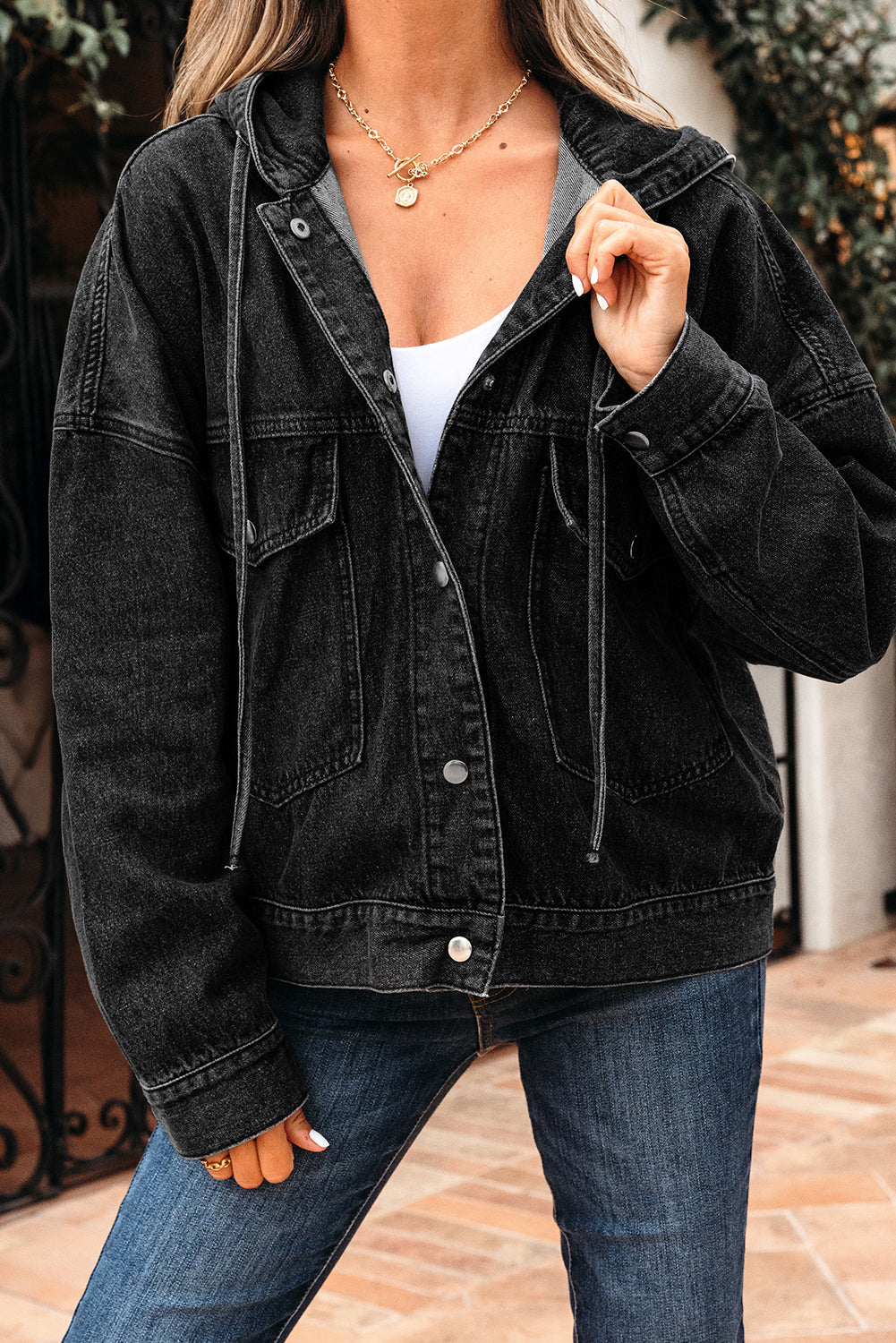 Sage Pocket Drop Shoulder Hooded Denim Jacket - Threaded Pear