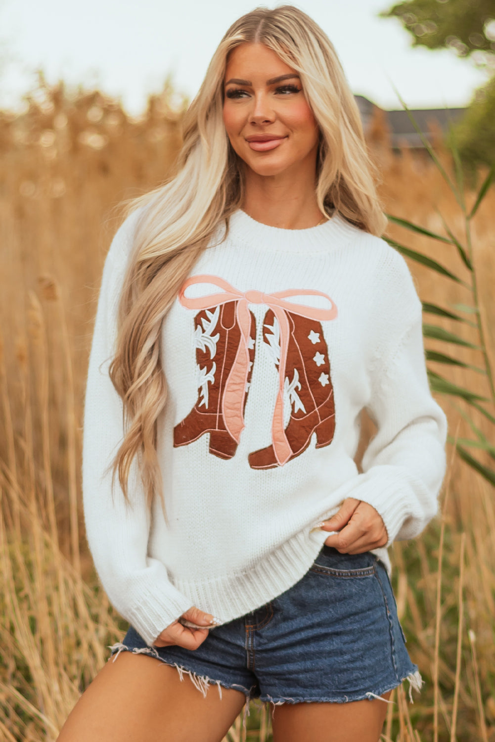 Amanda Embroidered Bow Boots Sweater - Threaded Pear