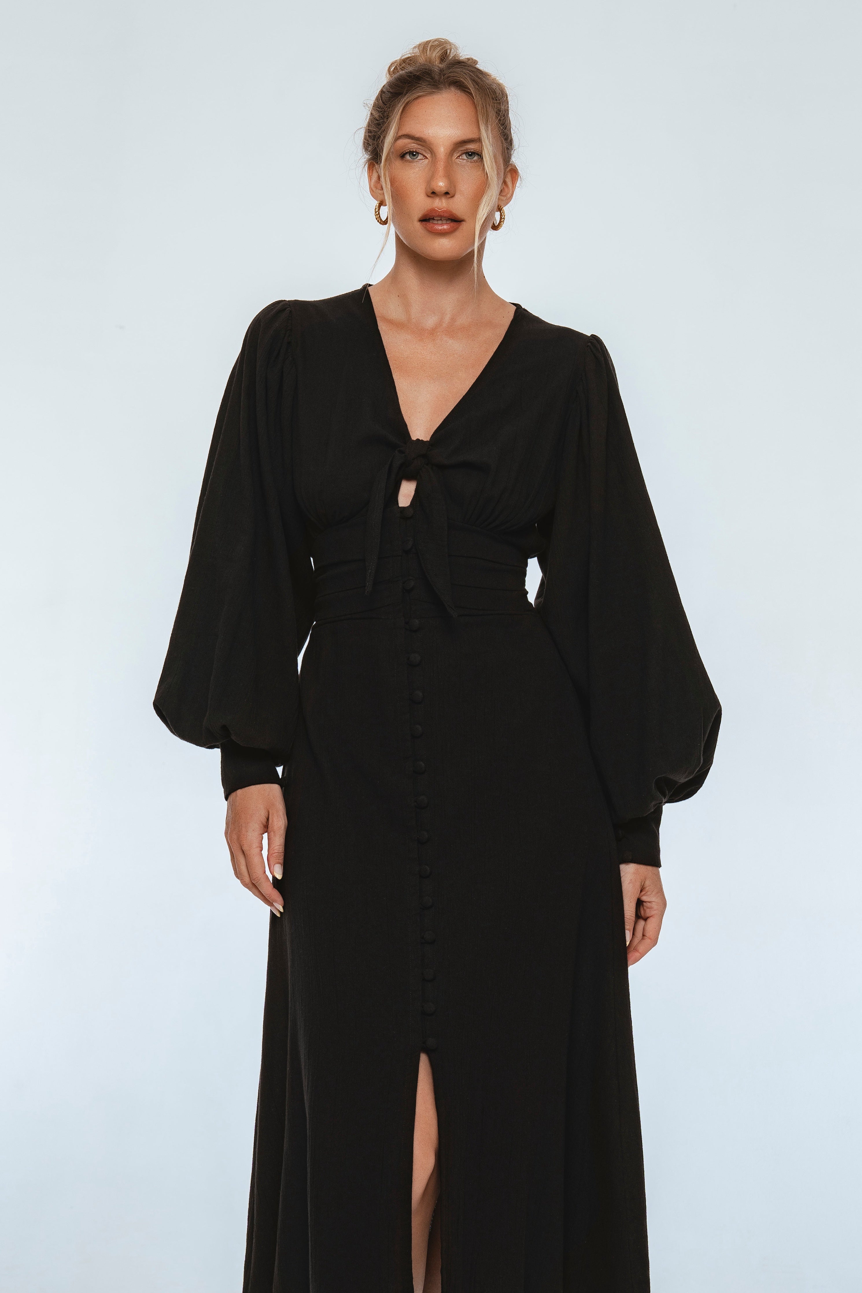 Velvet Sky Long Sleeve Linen Midi Dress
