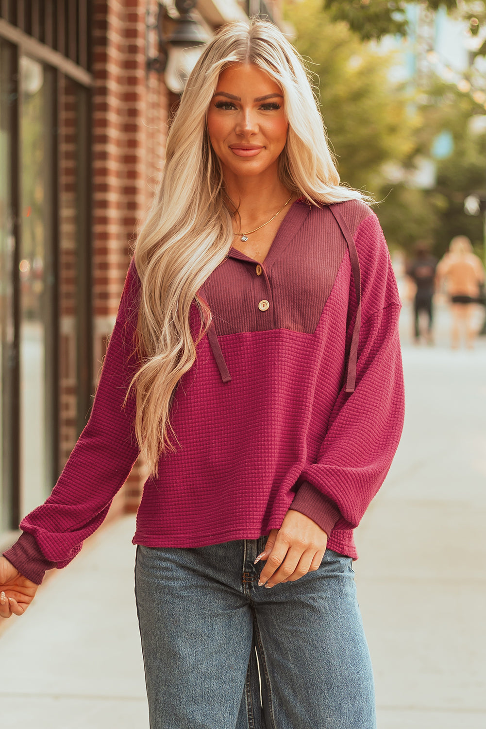 River Waffle Hooded Long Sleeve Top - Threaded Pear
