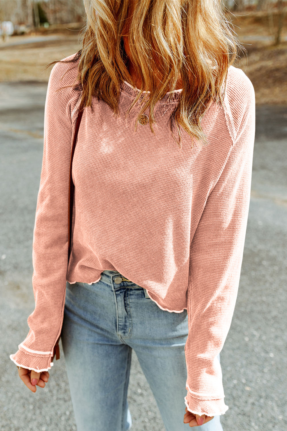 Daisy Textured Round Neck Long Sleeve Top - Threaded Pear