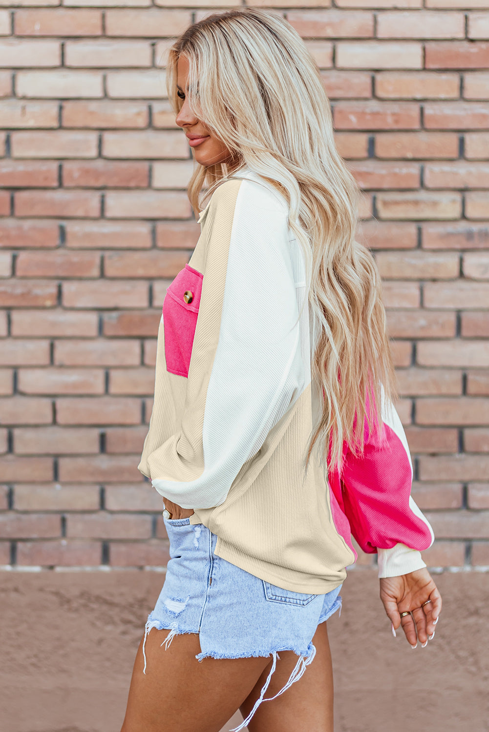 Kehlani Ribbed Collared Oversized Sweatshirt - Threaded Pear