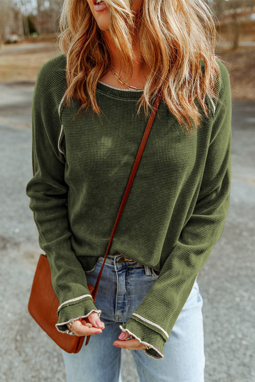 Daisy Textured Round Neck Long Sleeve Top - Threaded Pear