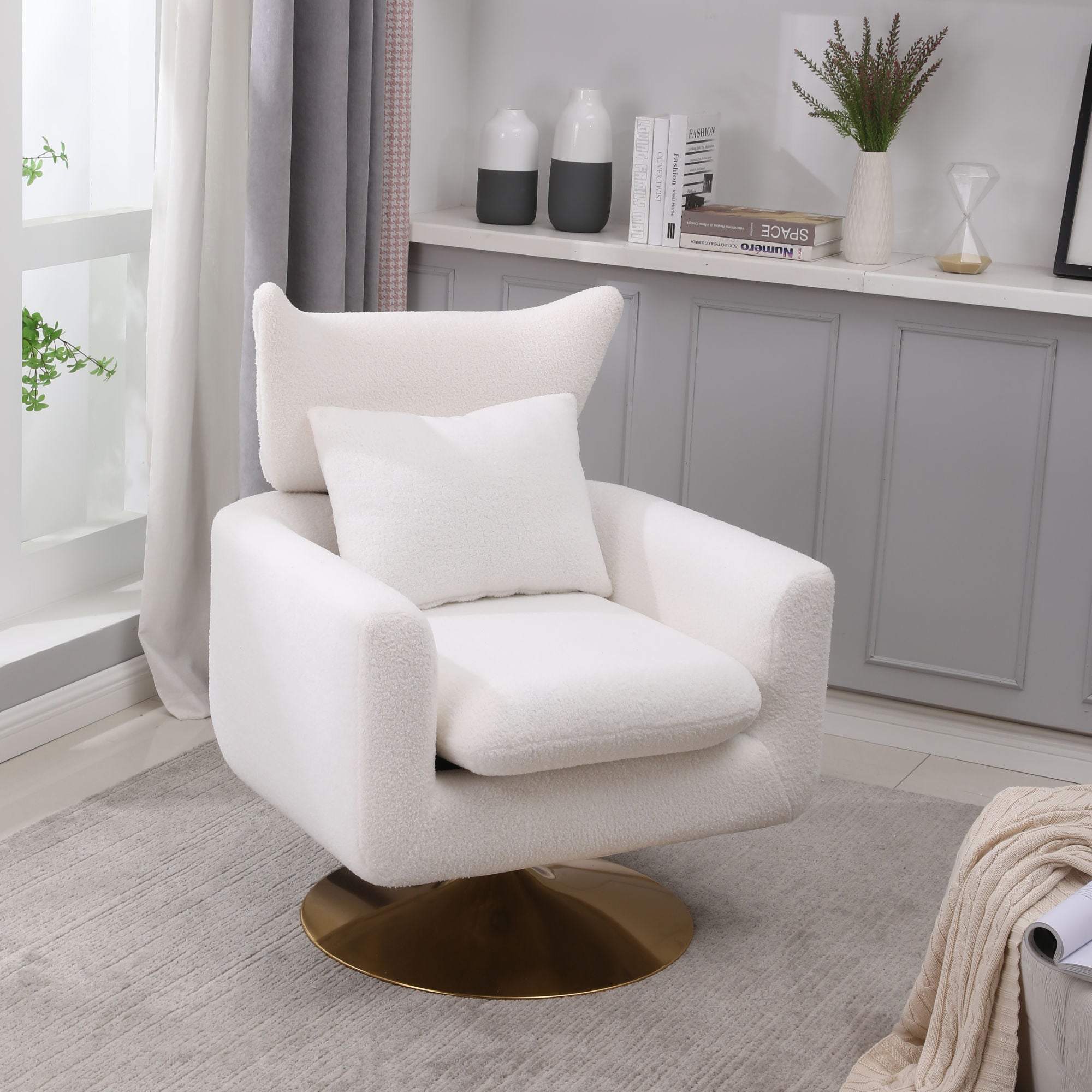 Classic Mid-Century 360-Degree Swivel Accent Chair, White Teddy Fabric
