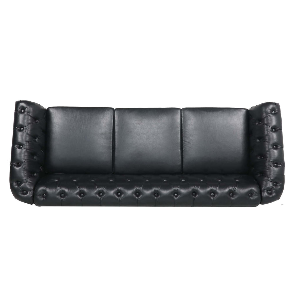 Black PU Rolled Arm Chesterfield Three Seater Sofa