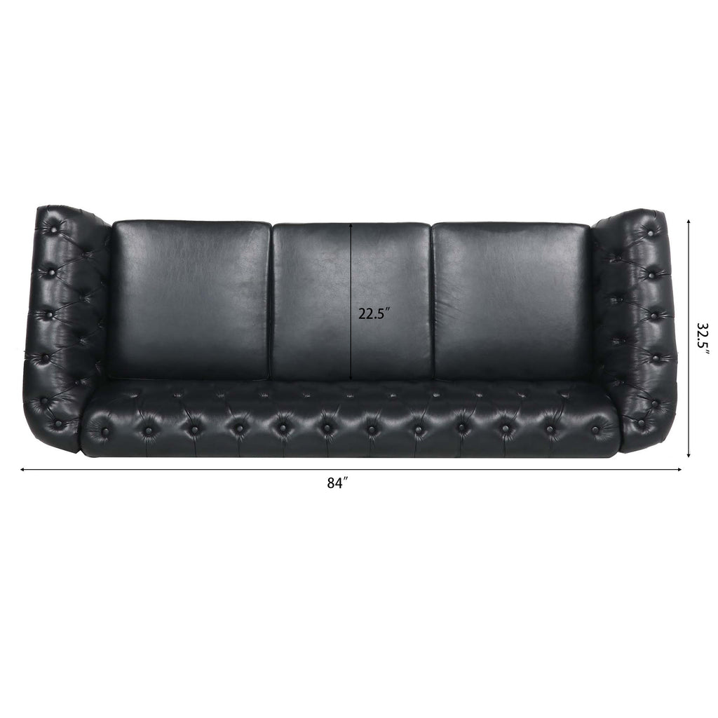 Black PU Rolled Arm Chesterfield Three Seater Sofa