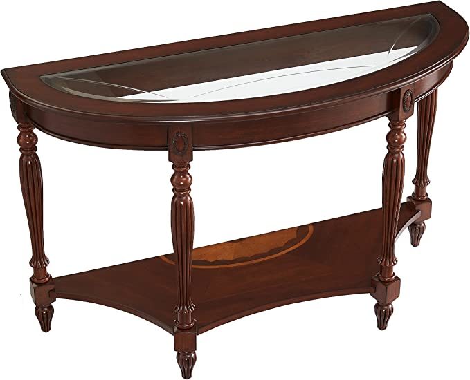 Half Moon Glass Top Oka Wood Console Table