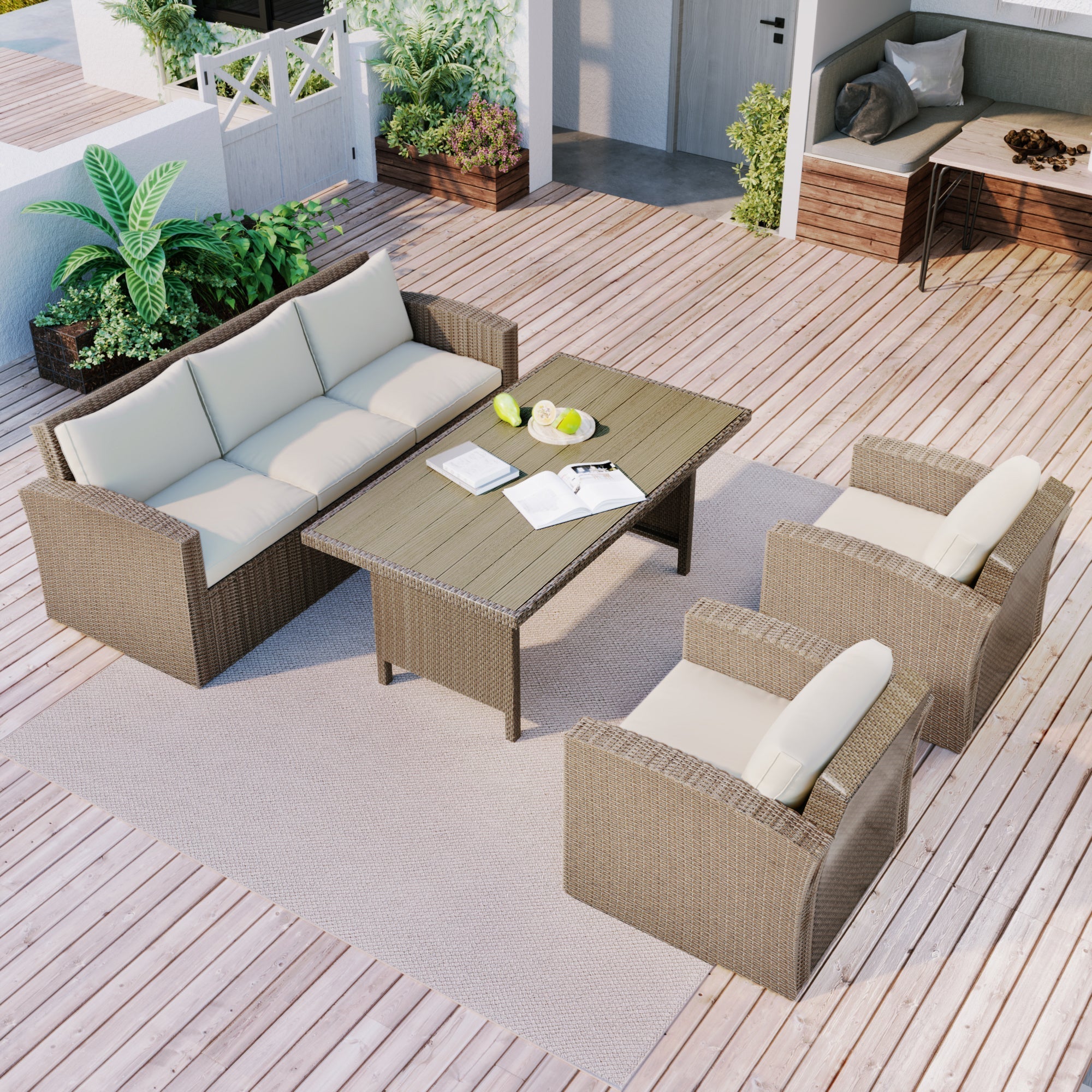 4-Piece Conversation Sofa Set With Beige Cushions