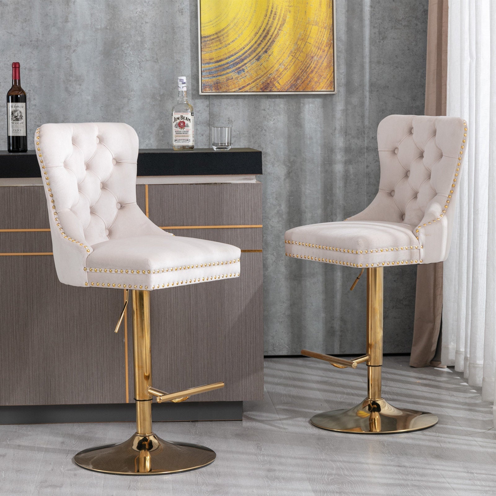 Set of 2 Thick Golden Swivel Velvet Barstools