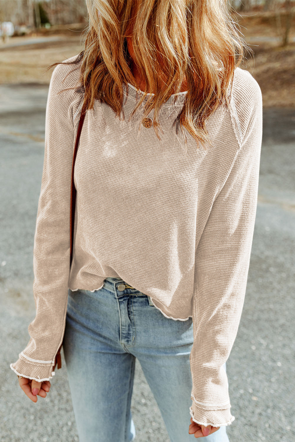 Daisy Textured Round Neck Long Sleeve Top - Threaded Pear
