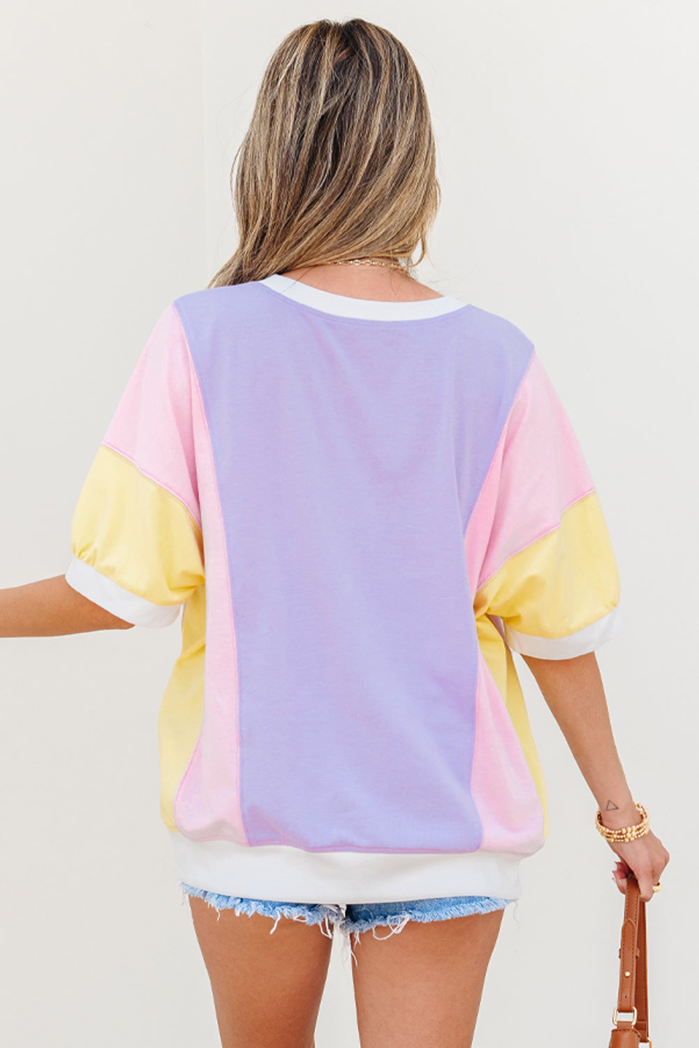 Zoe Patchwork Half Sleeve Oversized Top - Threaded Pear