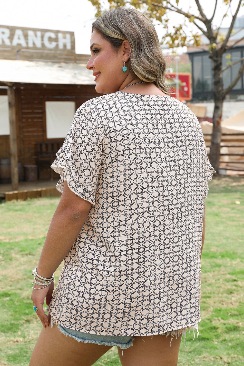 Faith Plus Size Geometric Ruffled Sleeve Blouse - Threaded Pear