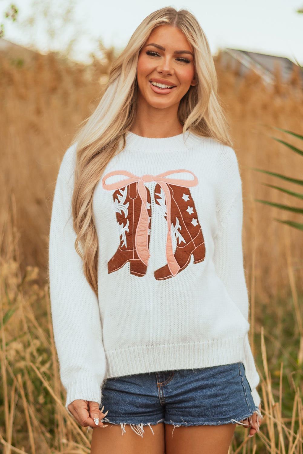 Amanda Embroidered Bow Boots Sweater - Threaded Pear