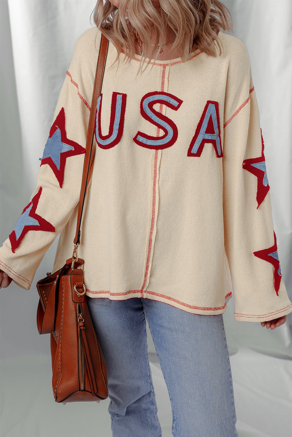 USA Patchwork Exposed Seam Long Sleeve Top - Threaded Pear