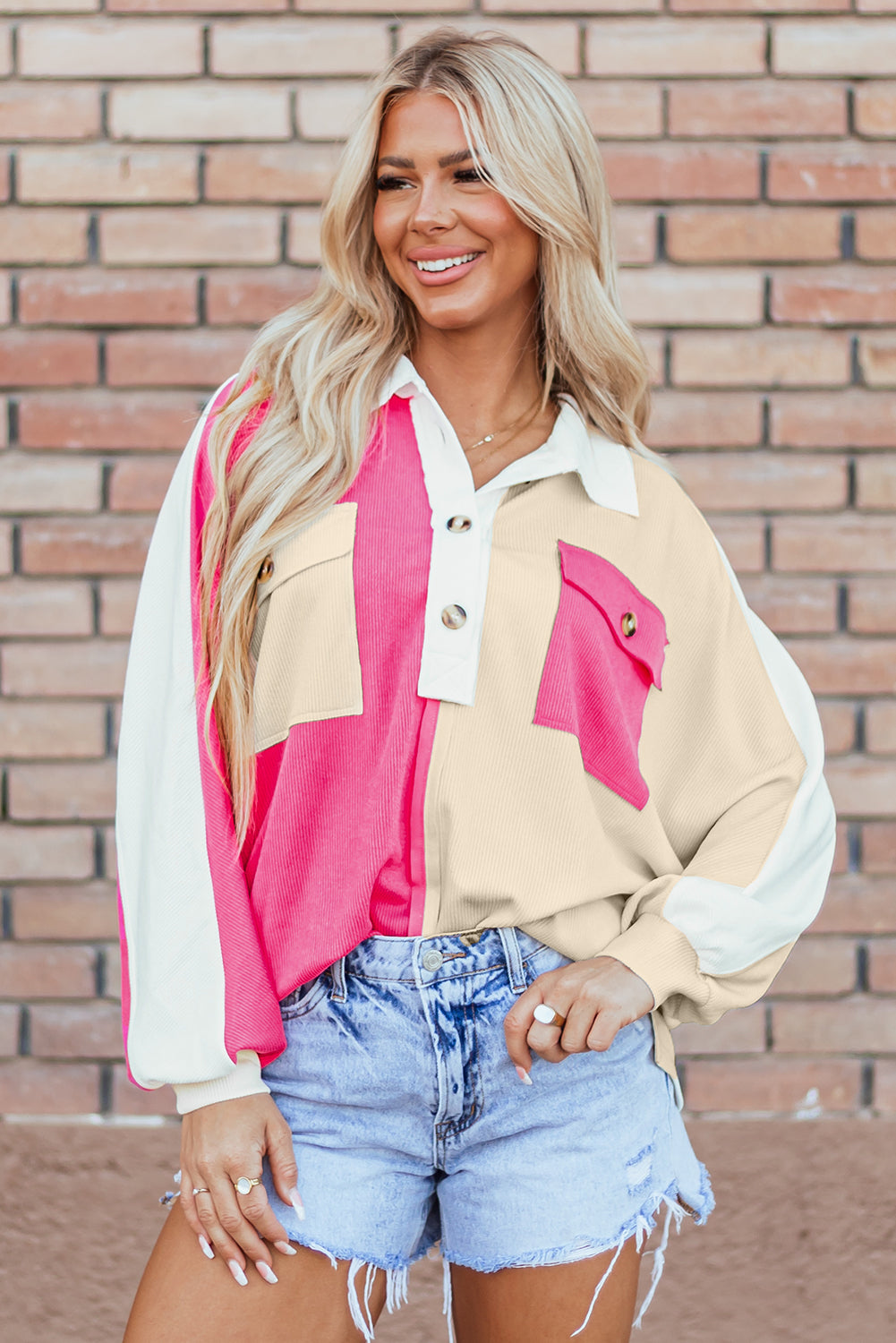 Kehlani Ribbed Collared Oversized Sweatshirt - Threaded Pear