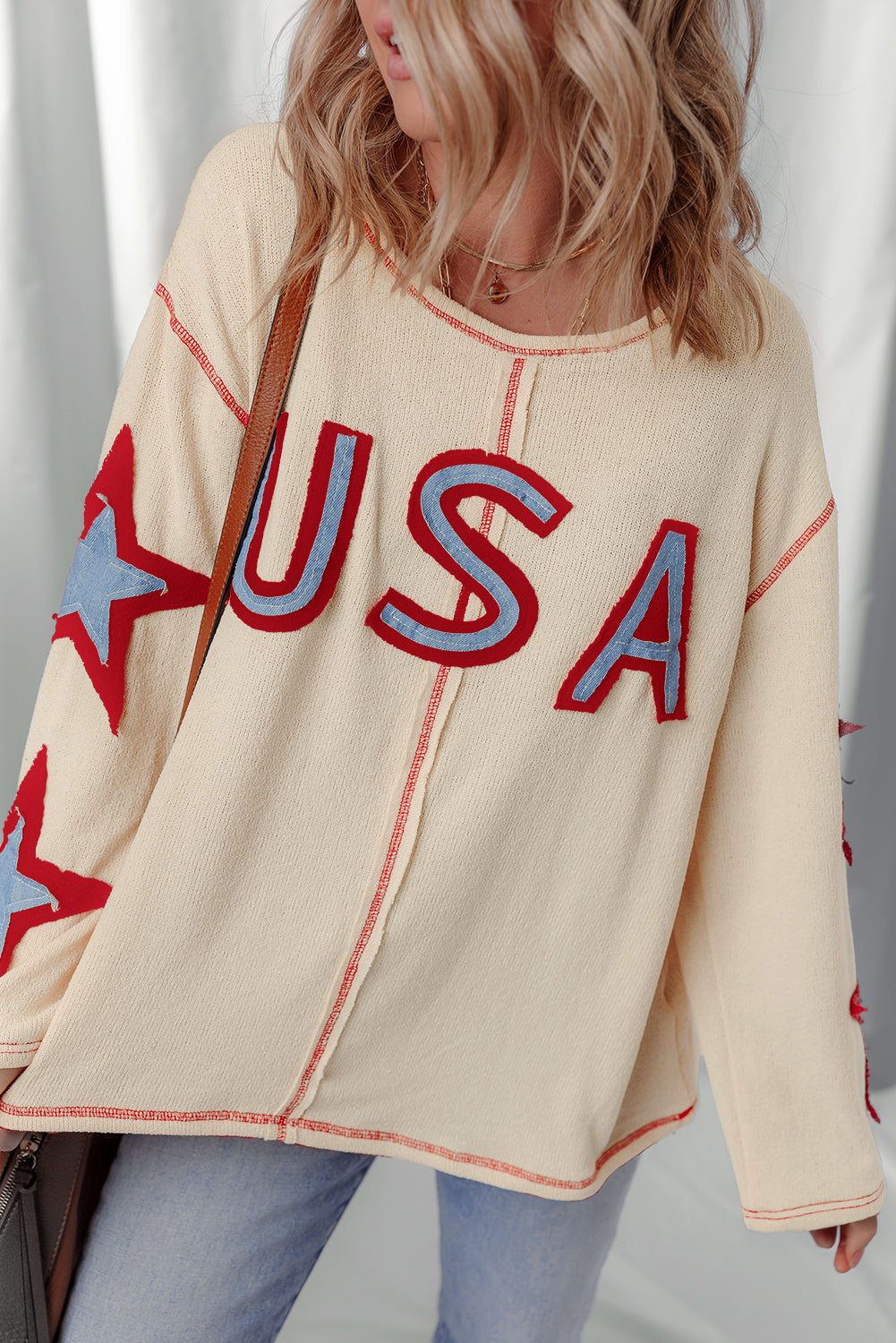 USA Patchwork Exposed Seam Long Sleeve Top - Threaded Pear