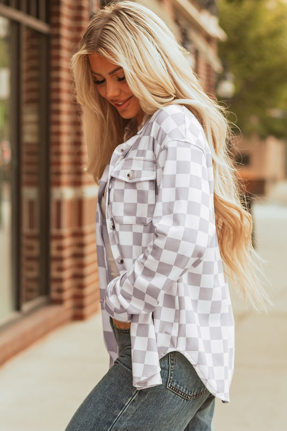 Rebecca Checkerboard Flap Pocket Button Front Shacket - Threaded Pear
