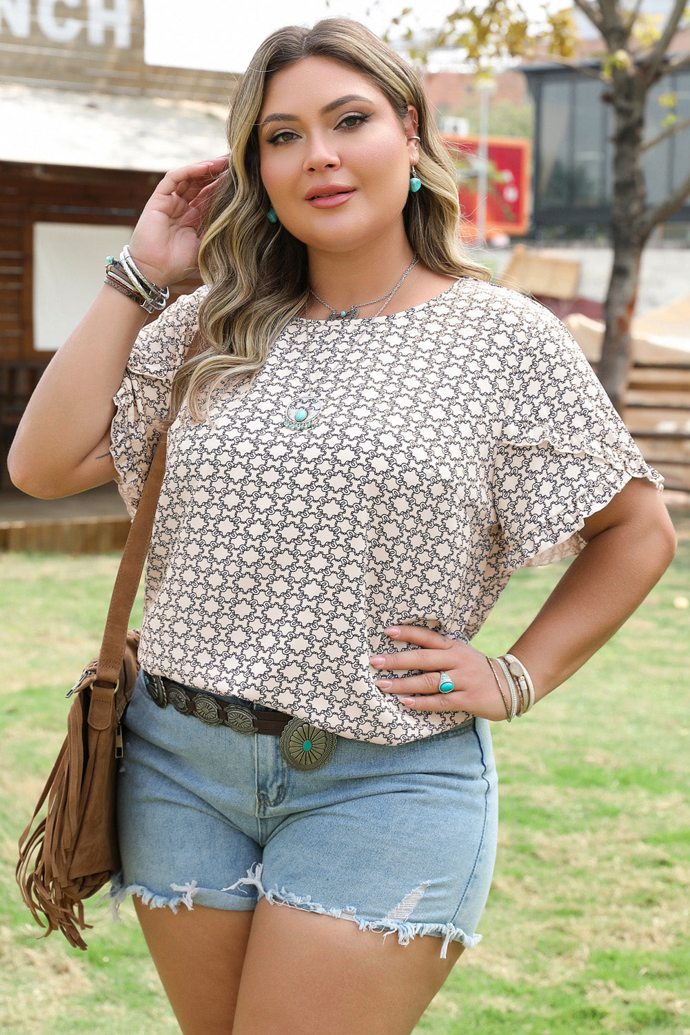 Faith Plus Size Geometric Ruffled Sleeve Blouse - Threaded Pear