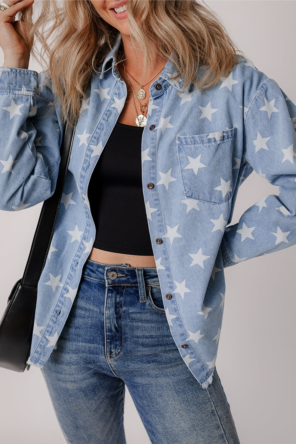 Star Light Wash Raw Hem Denim Jacket - Threaded Pear